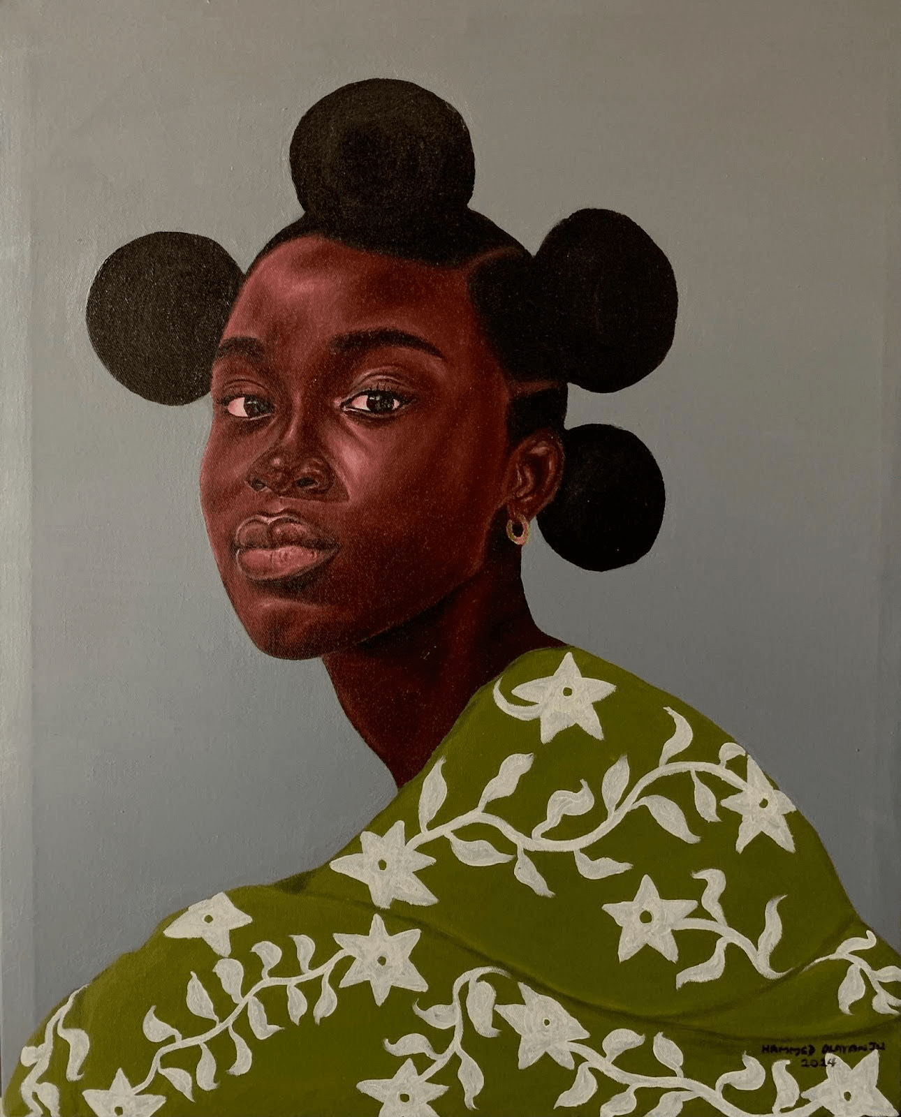 Black And Shine" by Hammed Omobayo features a dark-skinned woman with round hair buns in a green shawl adorned with white flowers, set against a plain gray background.