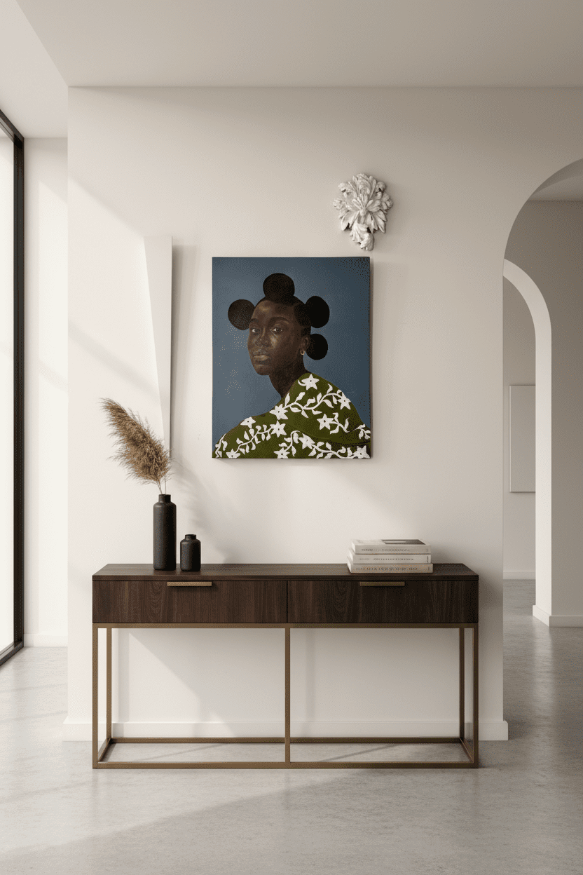 A modern entryway showcases a dark wood console, black vases, pampas grass, stacked books, and "Black And Shine" by Hammed Olayanju Omobayo—a striking portrait of a woman with a blue background displayed above.
