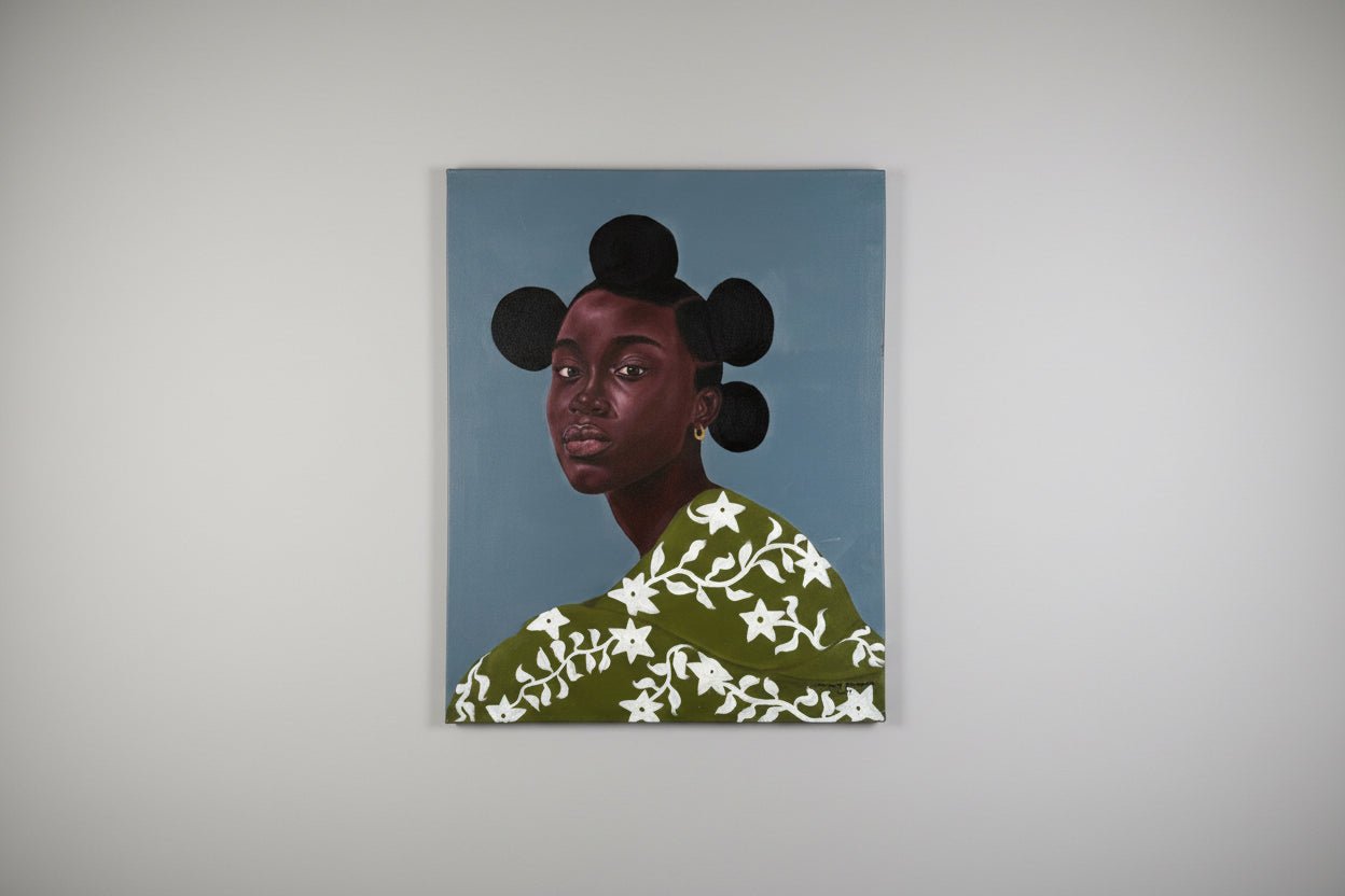 Black And Shine" by Hammed Olayanju Omobayo is an original painting showing a woman with dark skin and bantu knots in a green and white floral outfit, set against a blue-gray background on a simple white wall.