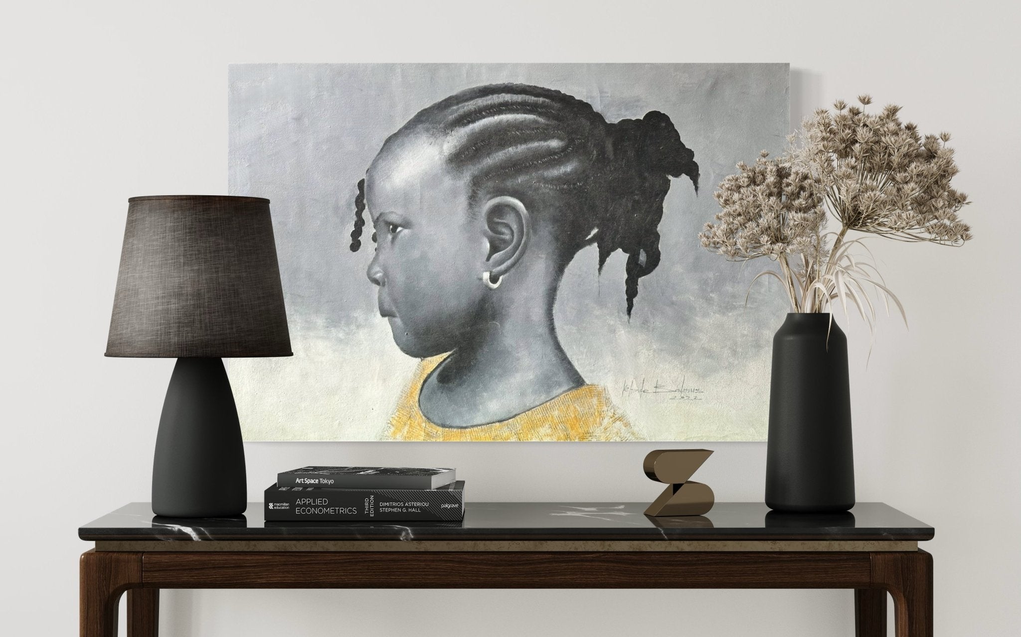 Black & White Portrait Of Young Girl With Cornrows. Mixed Media Acrylic and Newspaper - Bibianna African Art Collective