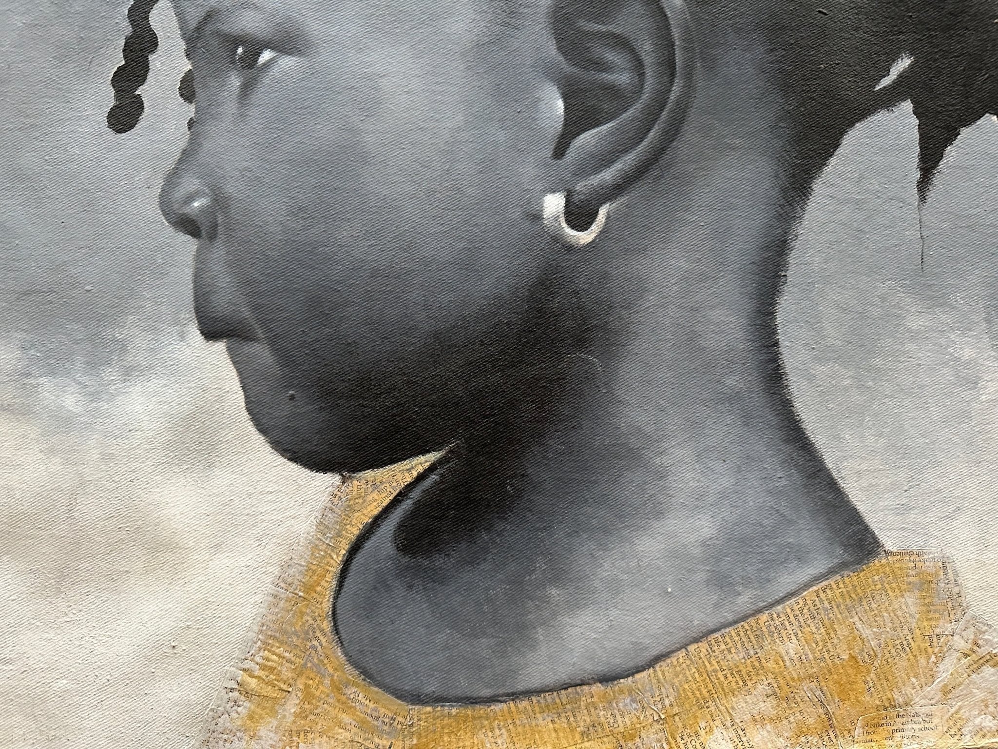 Black & White Portrait Of Young Girl With Cornrows. Mixed Media Acrylic and Newspaper - Bibianna African Art Collective