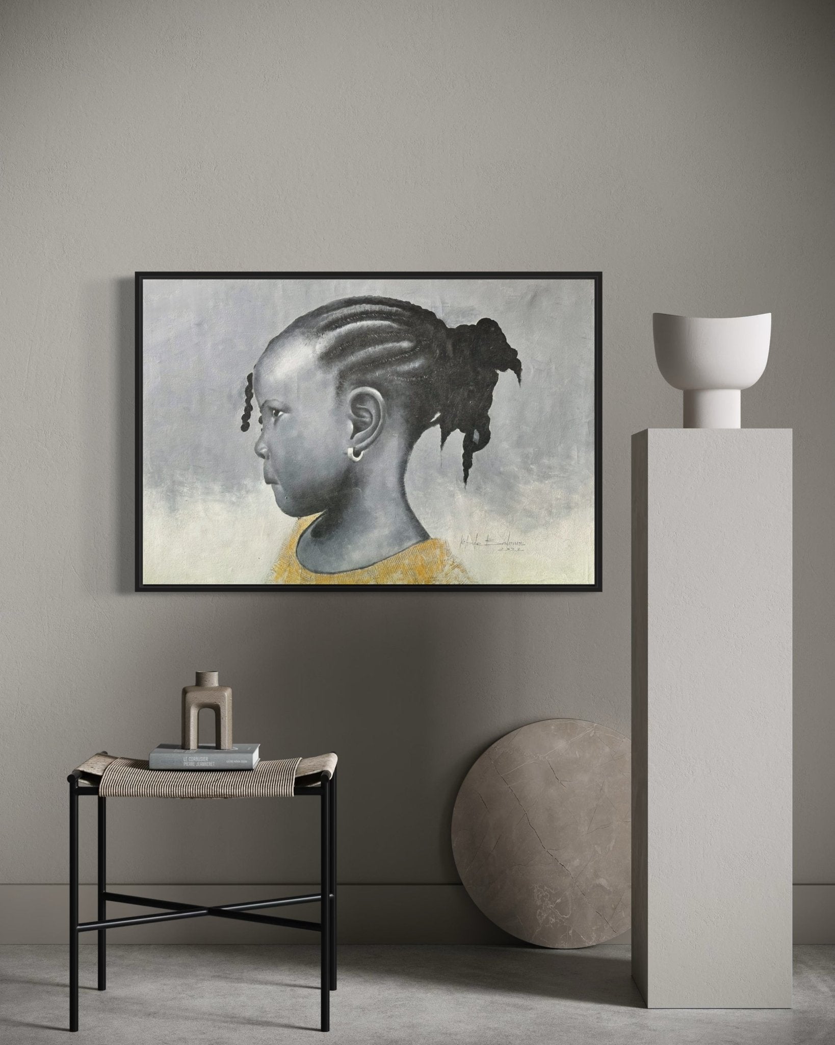 Black & White Portrait Of Young Girl With Cornrows. Mixed Media Acrylic and Newspaper - Bibianna African Art Collective
