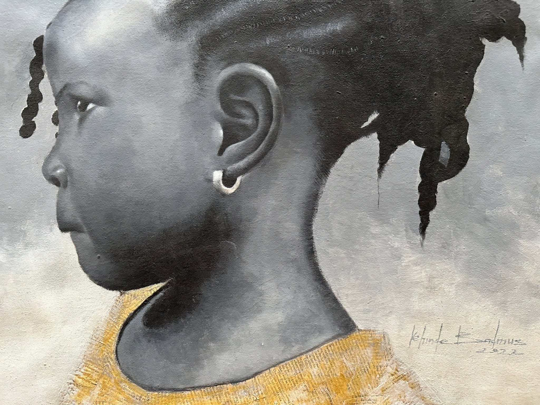 Black & White Portrait Of Young Girl With Cornrows. Mixed Media Acrylic and Newspaper - Bibianna African Art Collective