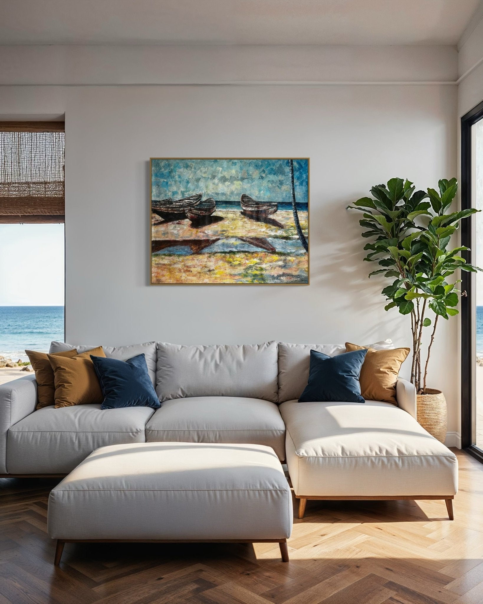 "Canoes by the Sea" Beach days 120 x 95cm - Bibianna African Art Collective