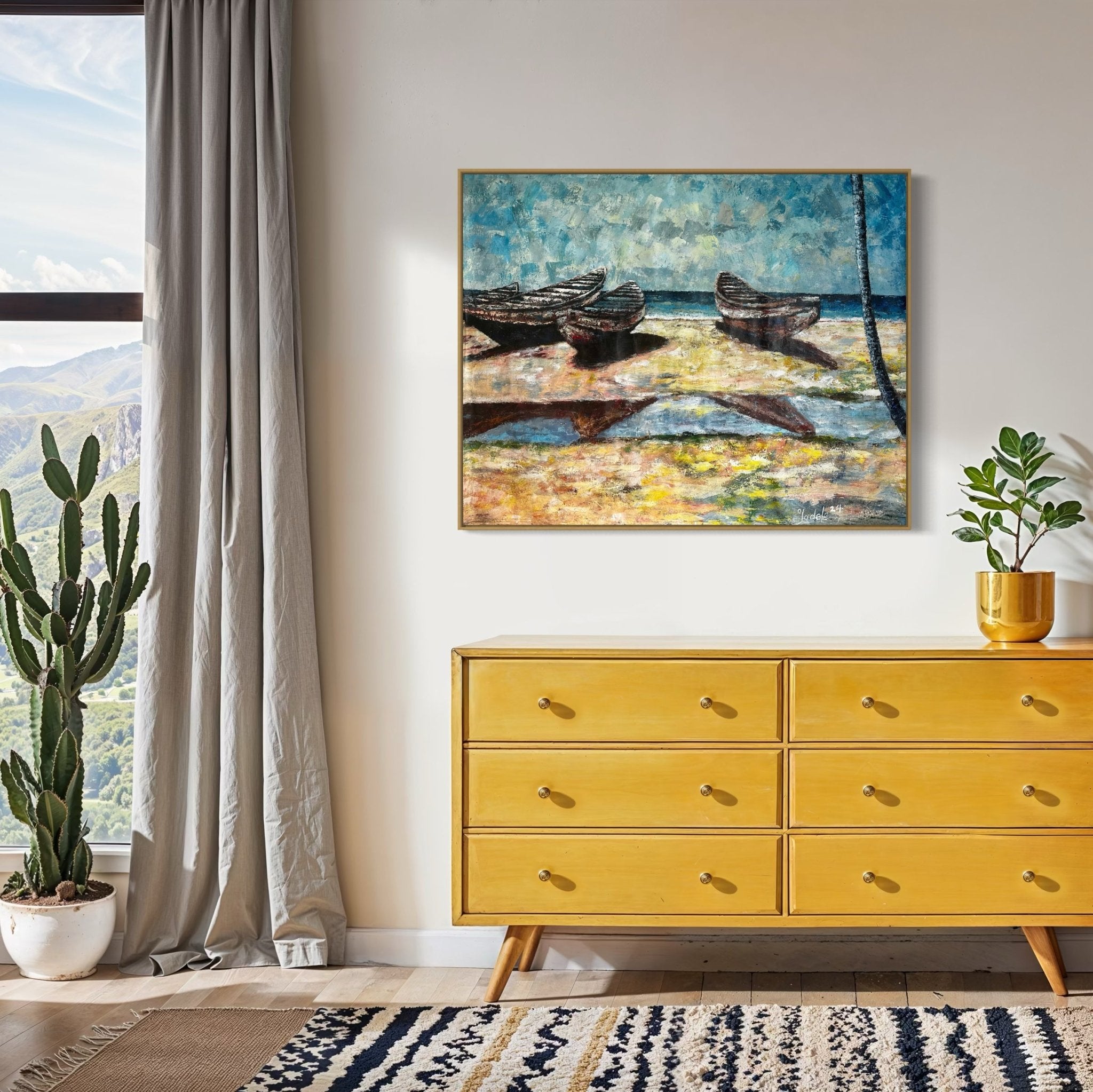 "Canoes by the Sea" Beach days 120 x 95cm - Bibianna African Art Collective