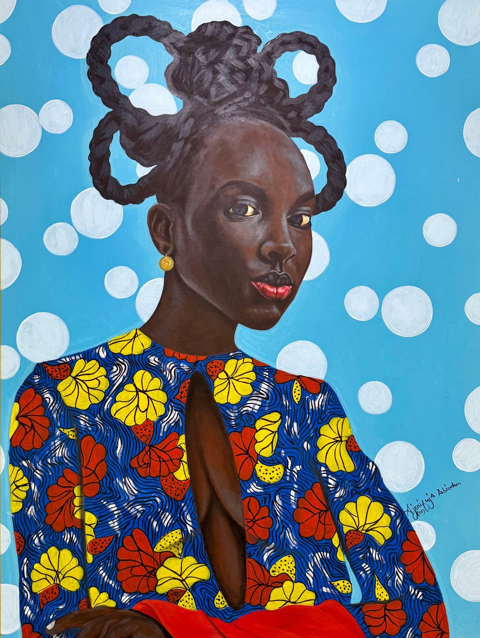 Enigmatic Beauty: 'Lady' by Ajenifuja Abiodun is a contemporary African art portrait of a Black woman with braids, gold earrings, and a vibrant blue, yellow, and red patterned outfit set against a blue polka-dot background.