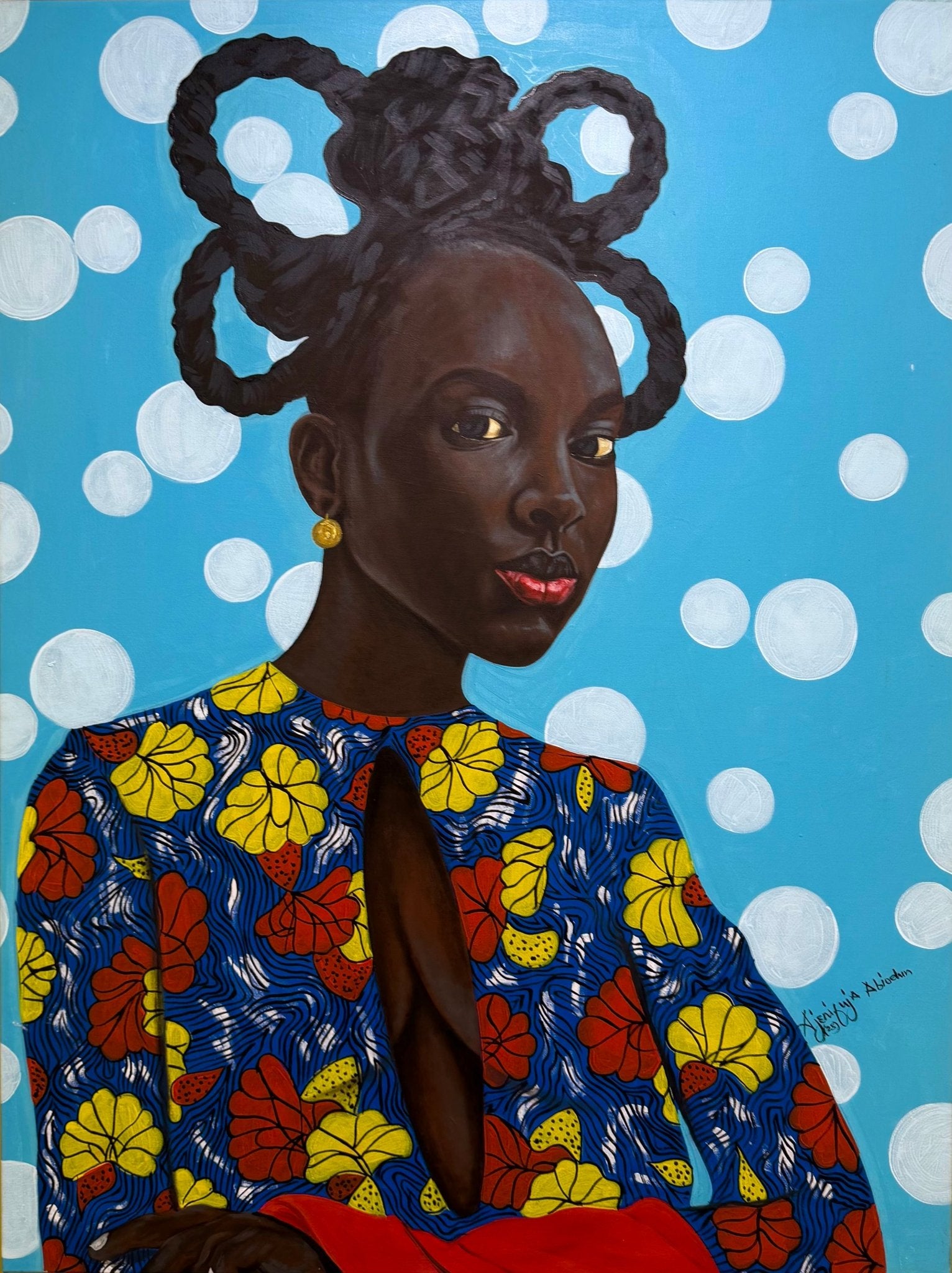Enigmatic Beauty: "Lady" by Ajenifuja Abiodun features a painted Black woman with braided hair, gold earrings, and a floral dress. The blue, white polka dot background enhances this bold piece of contemporary African art as she gazes confidently forward.