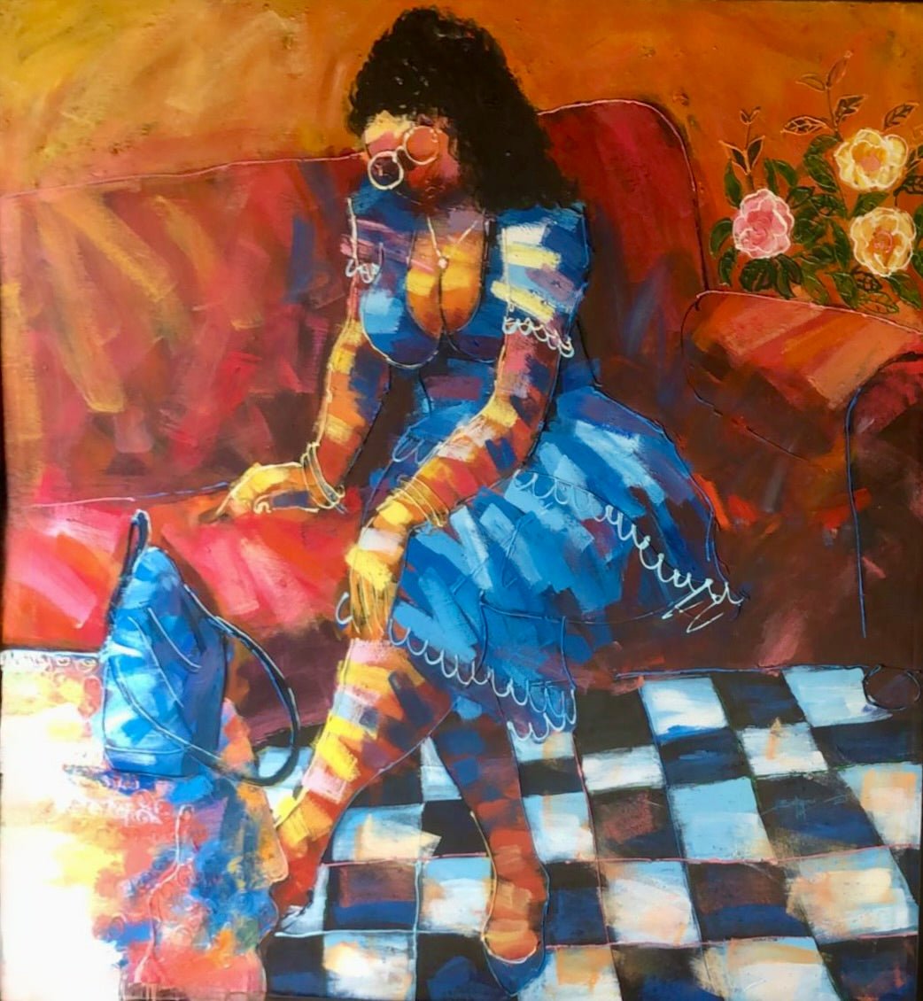 “Expectation” by Yomi Sokenu depicts a woman in a blue dress and sunglasses on a red couch, reaching for a blue bag beside white and pink flowers. This vibrant acrylic on canvas scene features expressive warm tones.