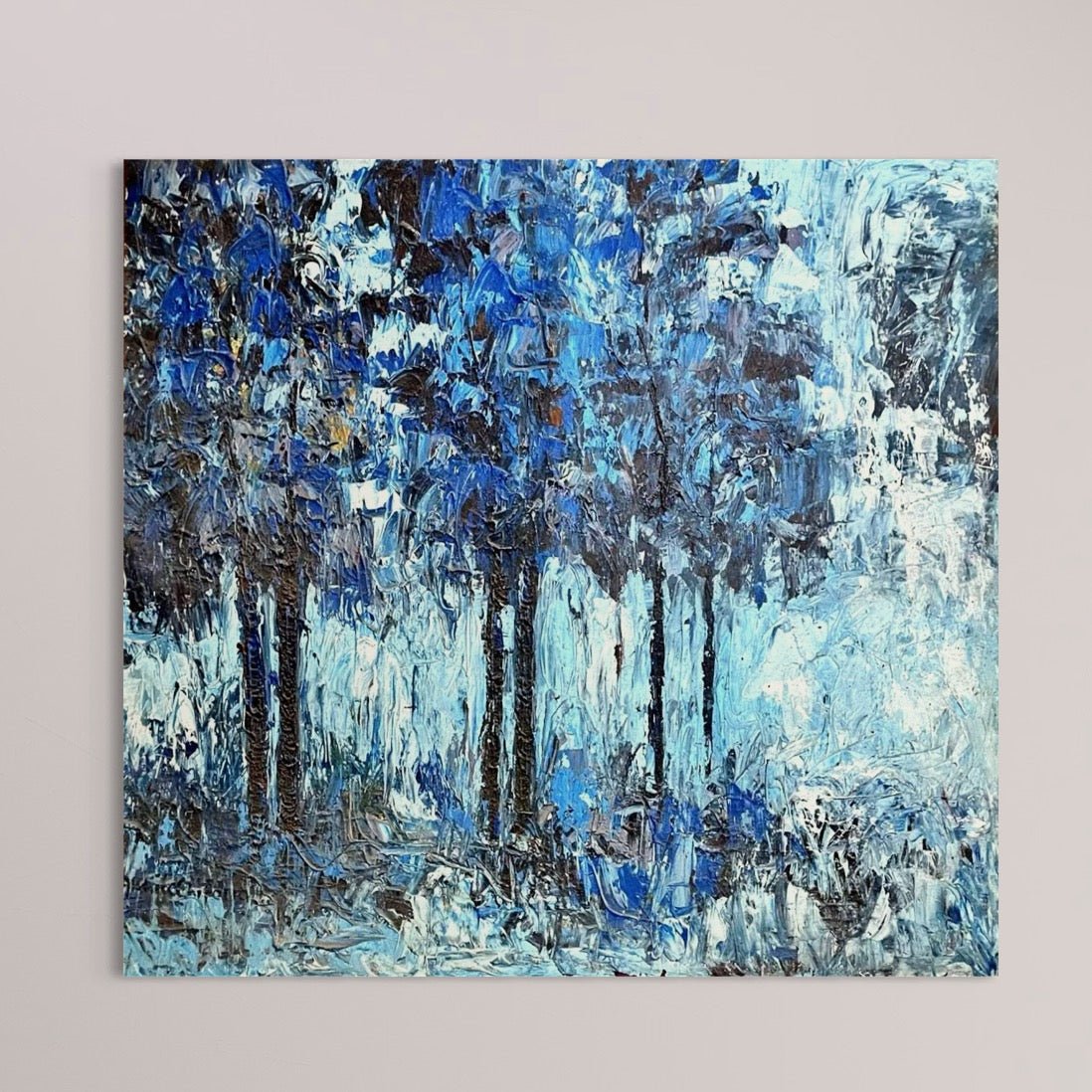 Experience Akhile Ehiforia’s "Growth Series": An extra large, textured impasto nature painting with tall trees, dark trunks, and blue foliage on a light background—crafted in acrylic and rich brushstrokes for depth and motion.