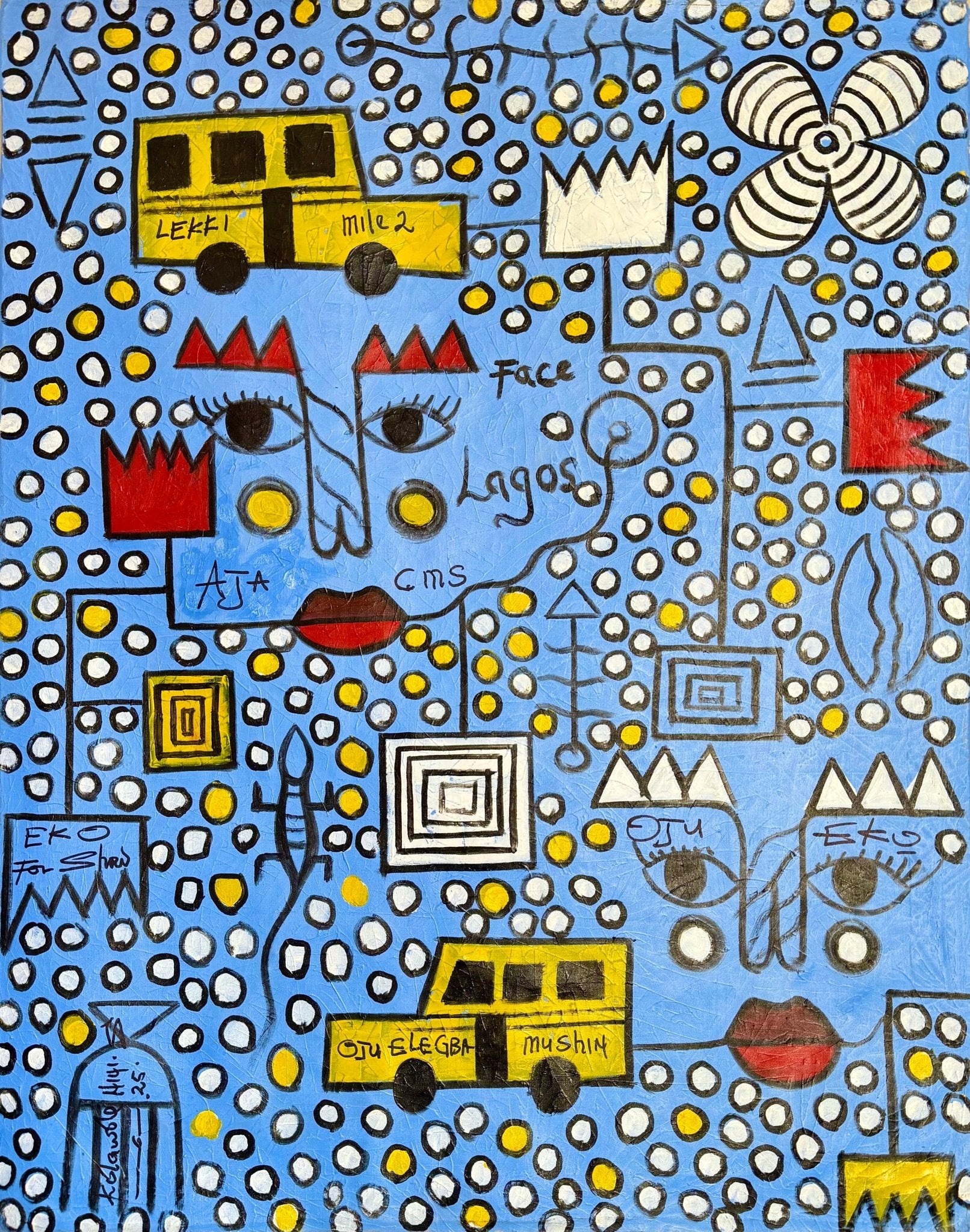 Face Of Lagos" by Kolawale Niyi: A vibrant abstract painting featuring repeated faces, buses labeled "AJA," "LEKKI," and "MUSHIN," geometric shapes, crowns, patterns, and dots on a blue background. “Face Lagos” appears in the center.
