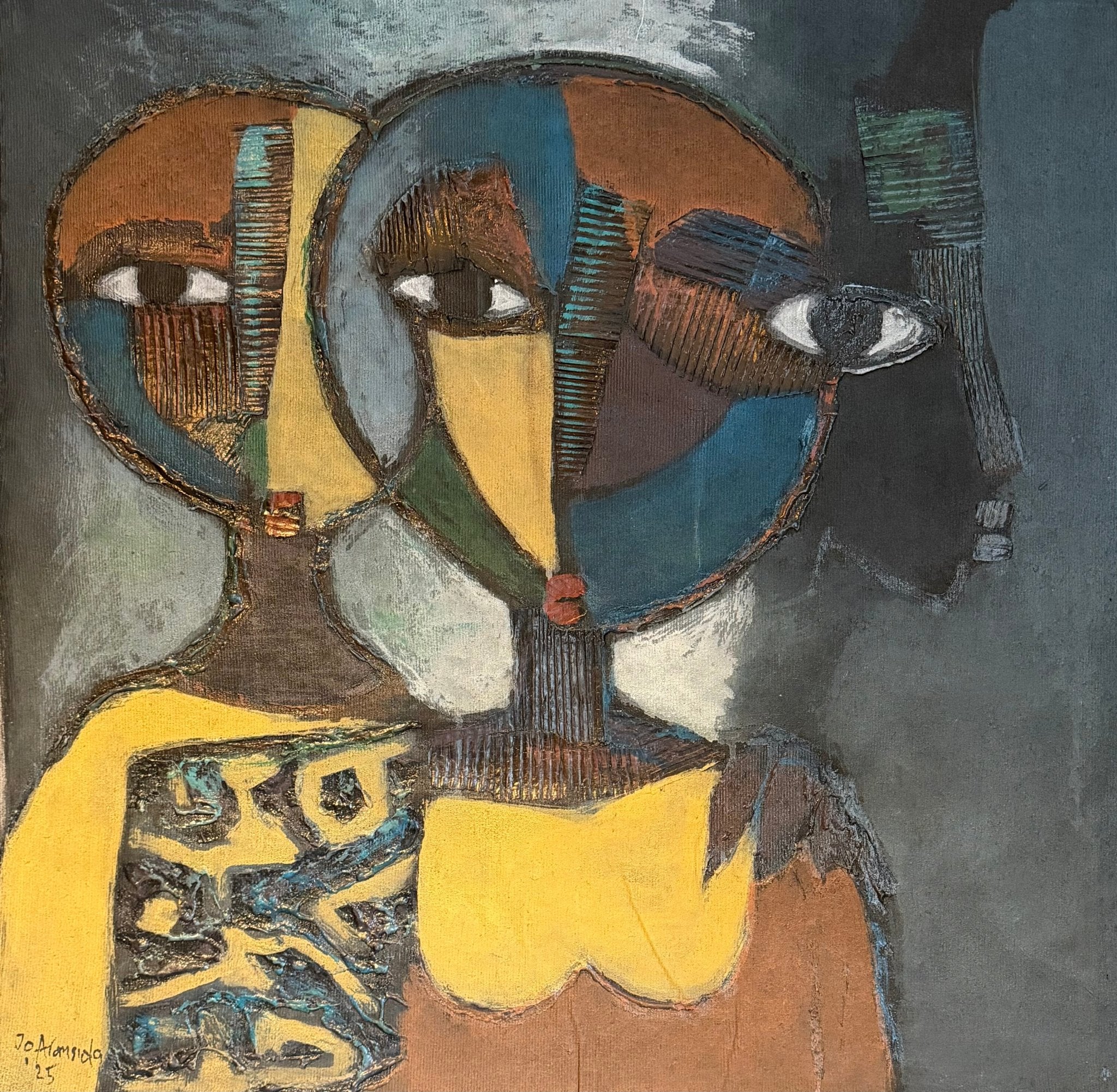Faces in the heart" by J.O. Aransiola features two abstract human figures with large, multicolored faces, bold geometric shapes, textured patterns, is hand-signed, and includes a certificate of authenticity.