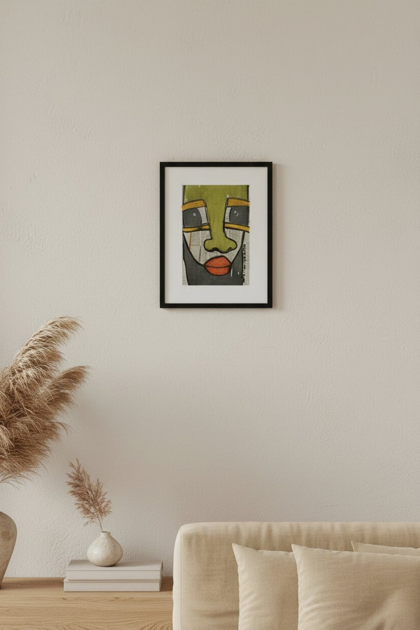 "Faces on Newsprint" in Olive & Vermilion by Akhile Ehiforia - Bibianna African Art Collective