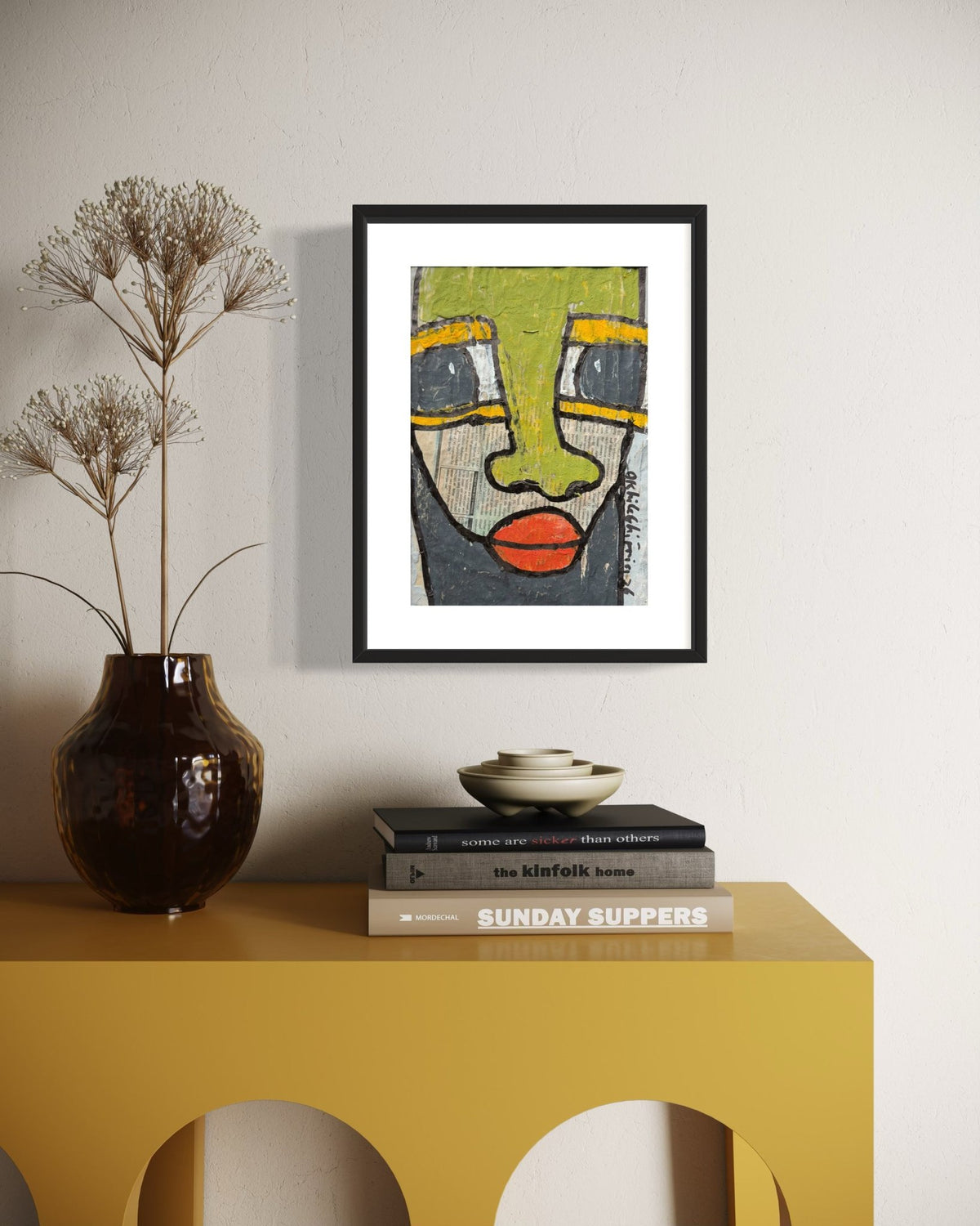 "Faces on Newsprint" in Olive & Vermilion by Akhile Ehiforia - Bibianna African Art Collective