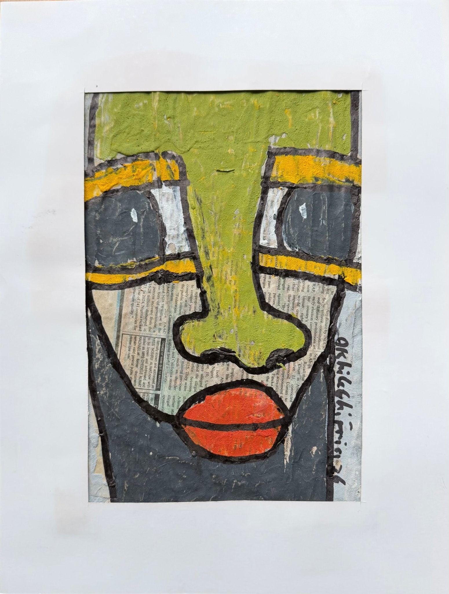 "Faces on Newsprint" in Olive & Vermilion by Akhile Ehiforia - Bibianna African Art Collective