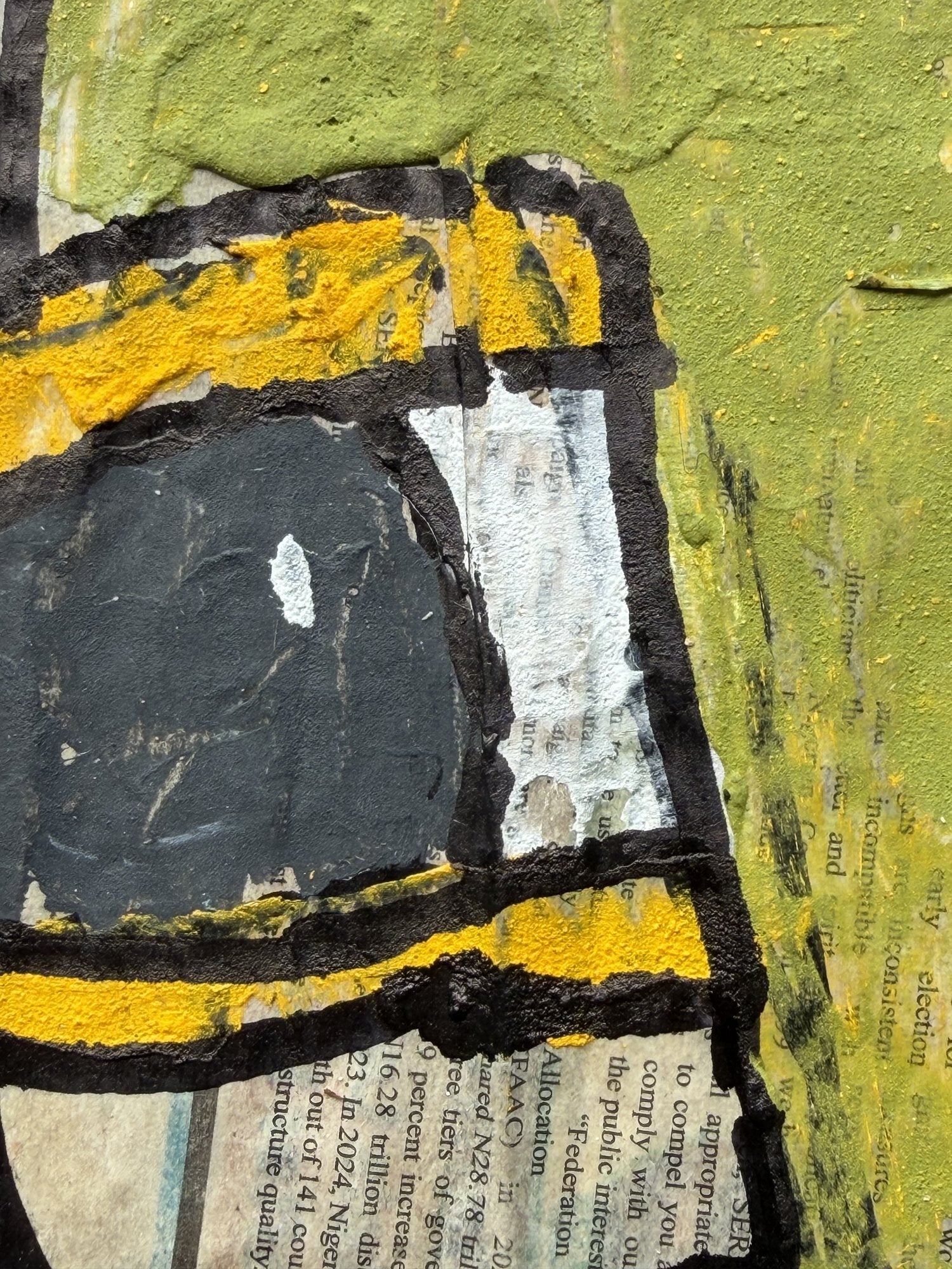 "Faces on Newsprint" in Olive & Vermilion by Akhile Ehiforia, surface detail - Bibianna African Art Collective