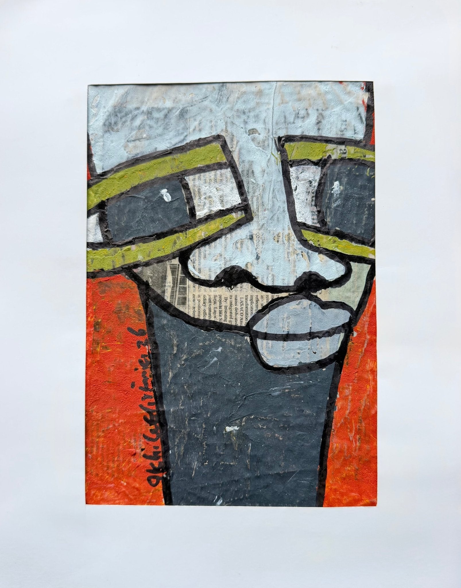 "Faces on Newsprint" in Orange & Olive by Akhile Ehiforia - Bibianna African Art Collective