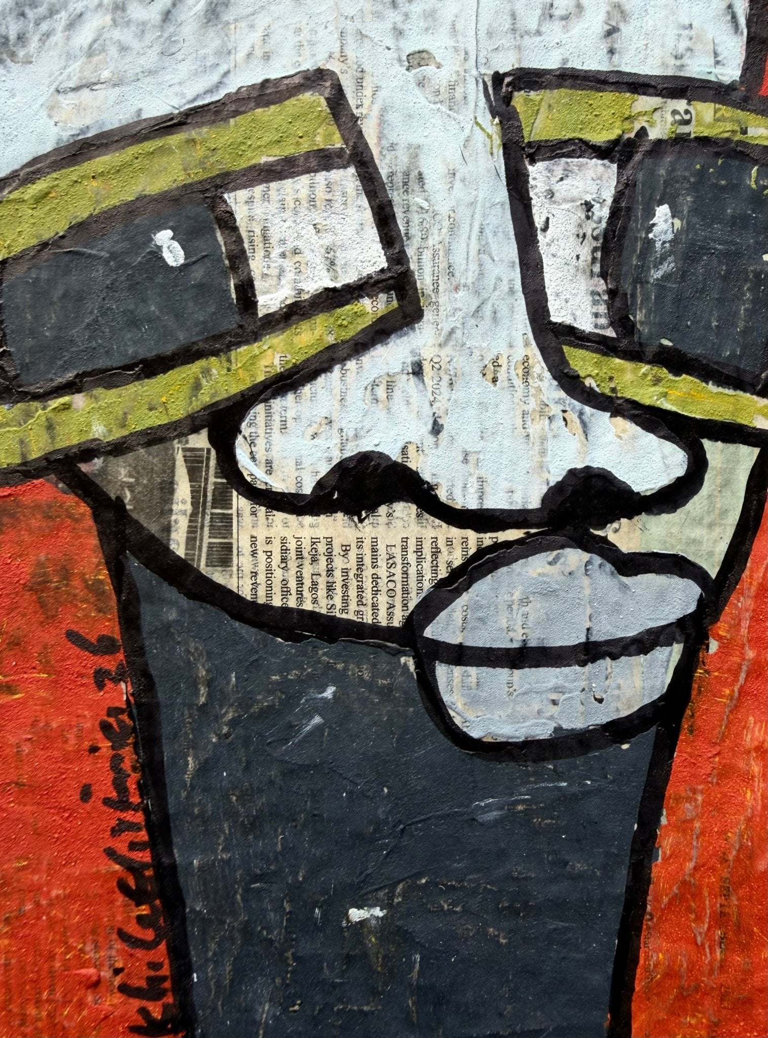 "Faces on Newsprint" in Orange & Olive by Akhile Ehiforia - Bibianna African Art Collective