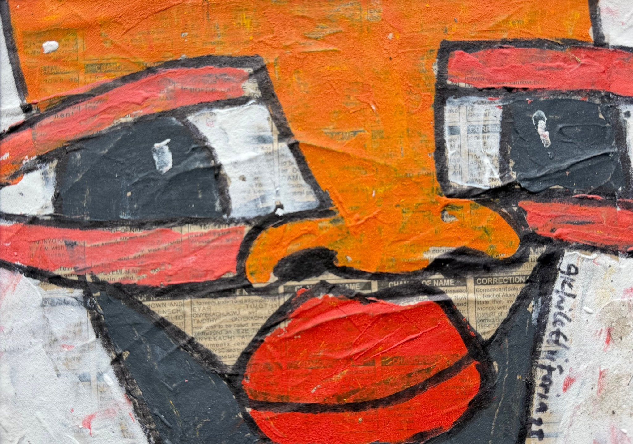 "Faces on Newsprint" in Orange & Red by Akhile Ehiforia - Bibianna African Art Collective