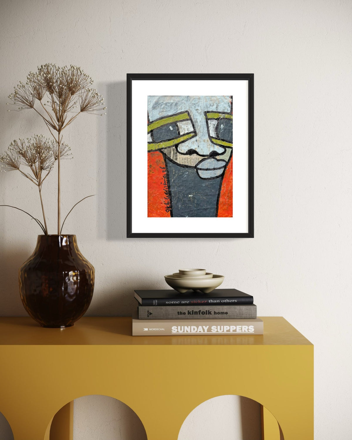 "Faces on Newsprint" in Red & Olive by Akhile Ehiforia - Bibianna African Art Collective