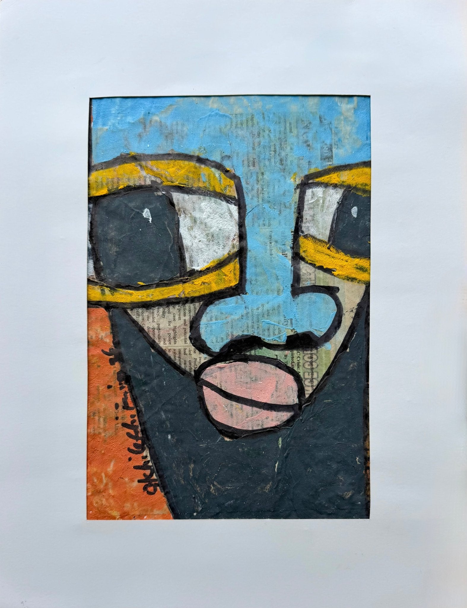 "Faces on Newsprint" in Sky Blue & Yellow by Akhile Ehiforia - Bibianna African Art Collective