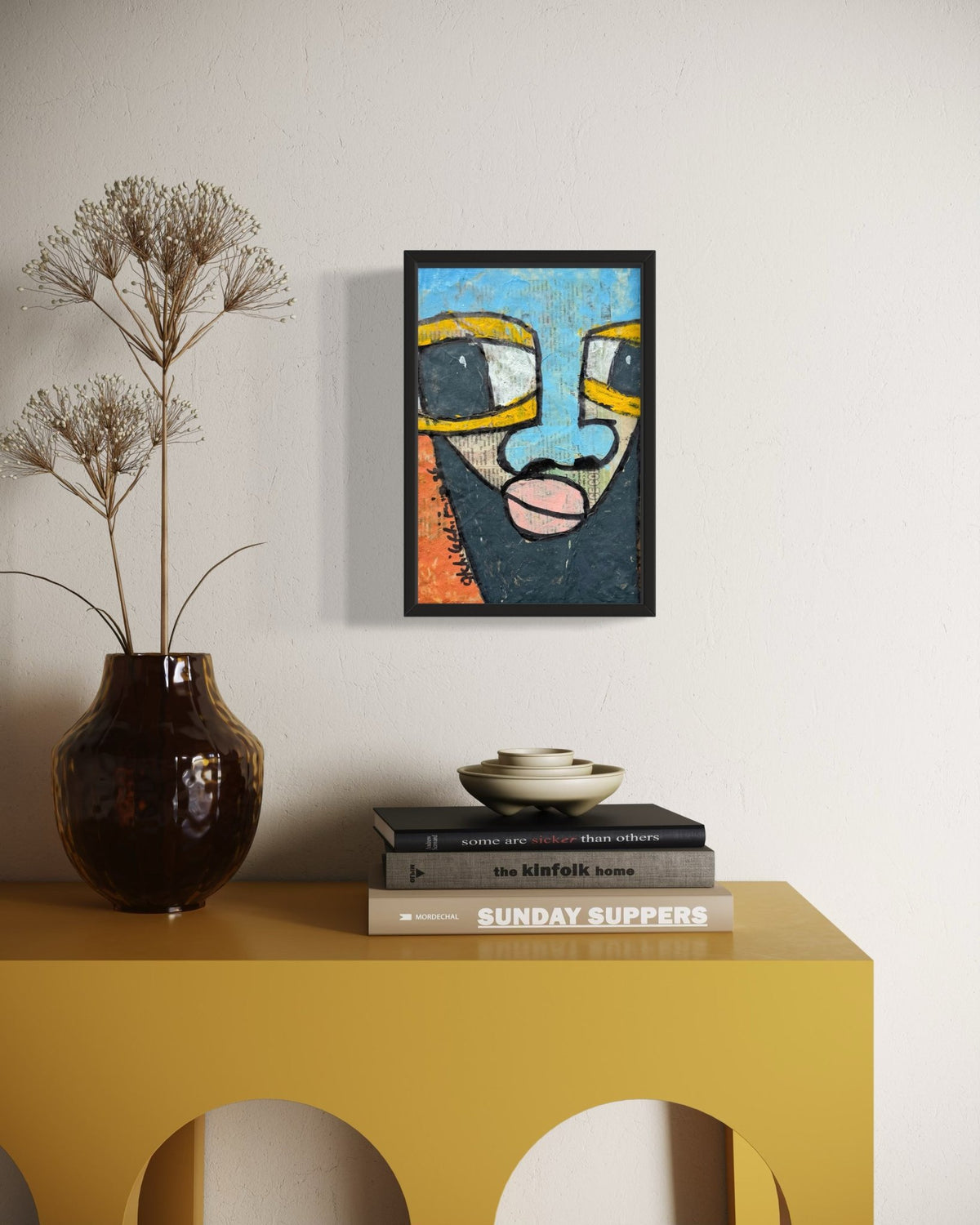 "Faces on Newsprint" in Sky Blue & Yellow by Akhile Ehiforia - Bibianna African Art Collective