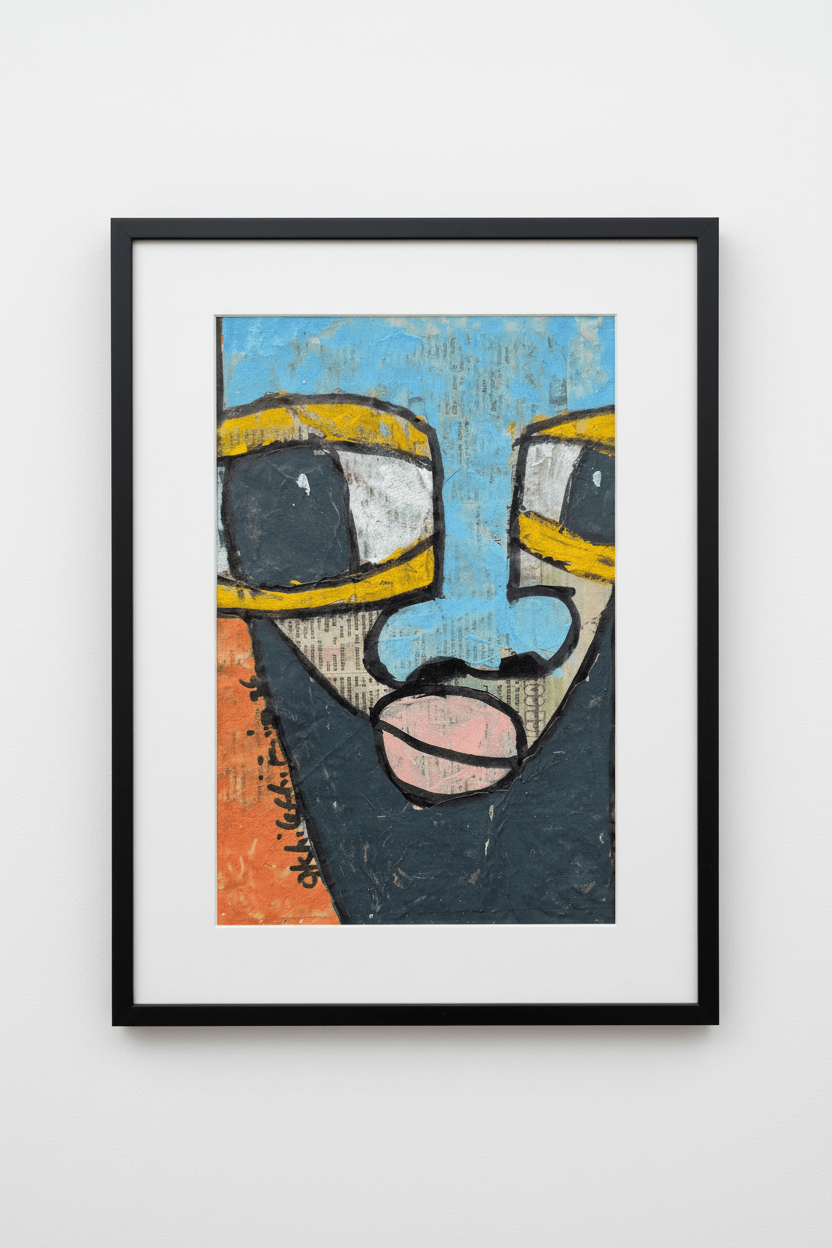 "Faces on Newsprint" in Sky Blue & Yellow by Akhile Ehiforia - Bibianna African Art Collective