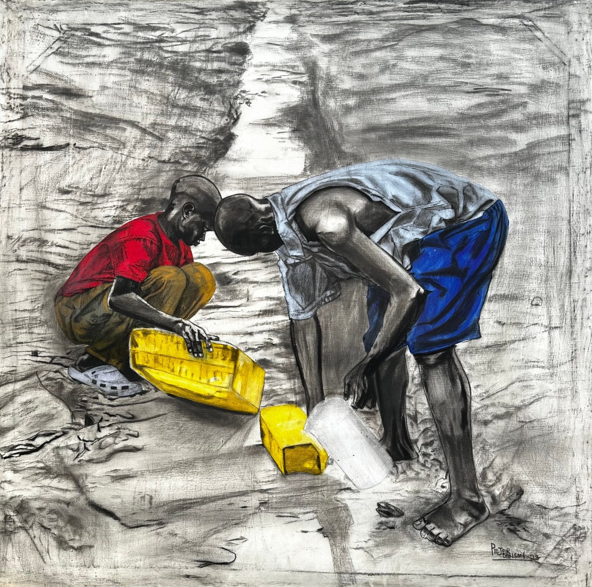 In "Fetching Water" by Bibianna African Art Collective, two people kneel at a stream filling bright yellow containers. One wears a red shirt and brown pants, the other a blue shirt and shorts. The grayscale image highlights the vivid yellow containers.