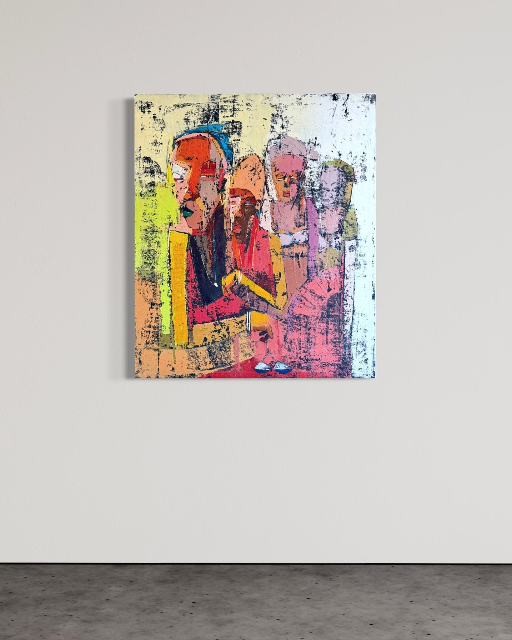 'Gender Equality' by Dolapo Ogunnusi is a vibrant abstract hand-signed painting with four geometric human figures, bold lines, and textured brushstrokes. Displayed on a white wall above concrete flooring; certificate of authenticity included.