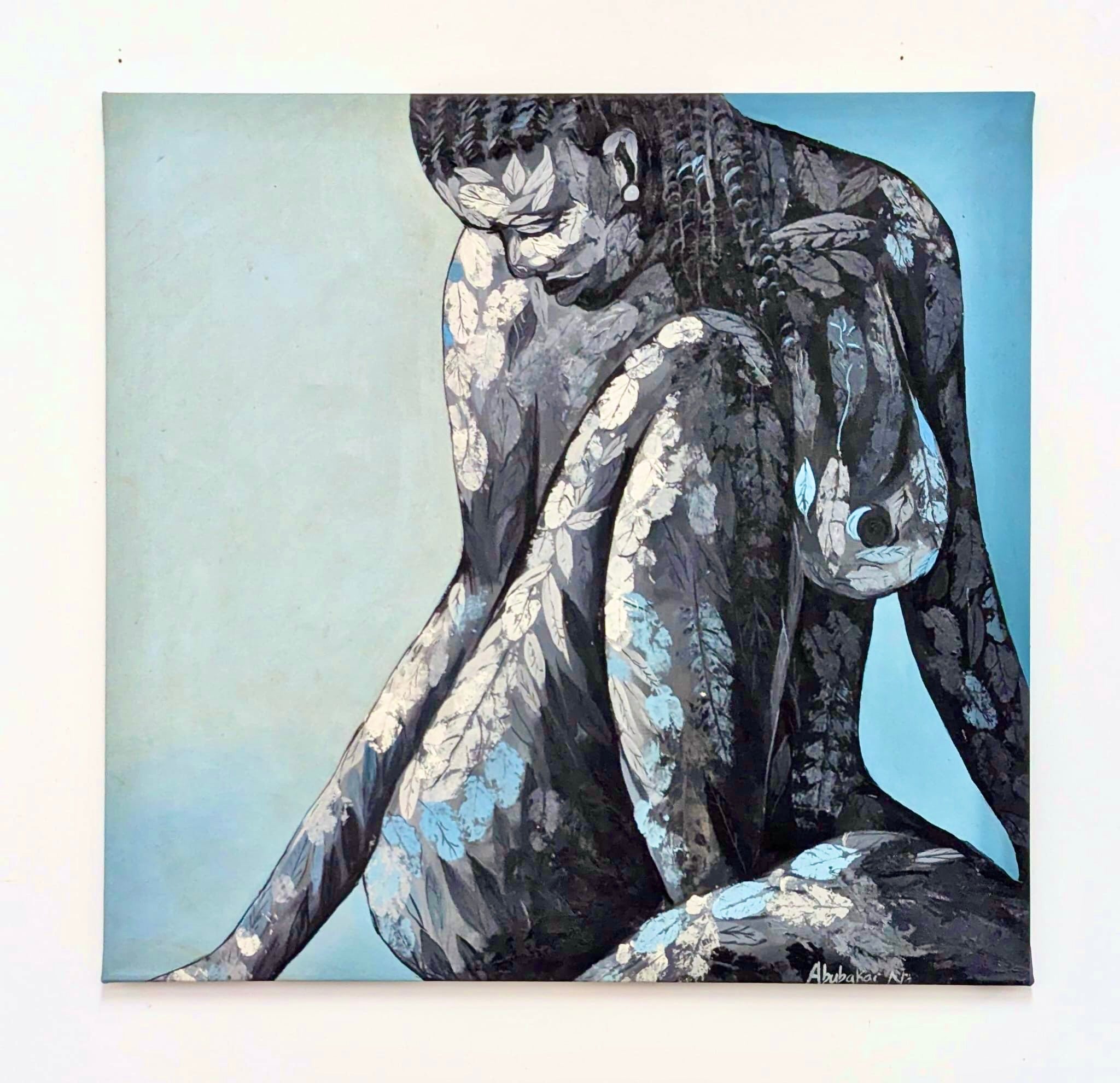 Graceful African Figurative Painting with Botanical Textures, 'Nude 2' - Bibianna African Art Collective