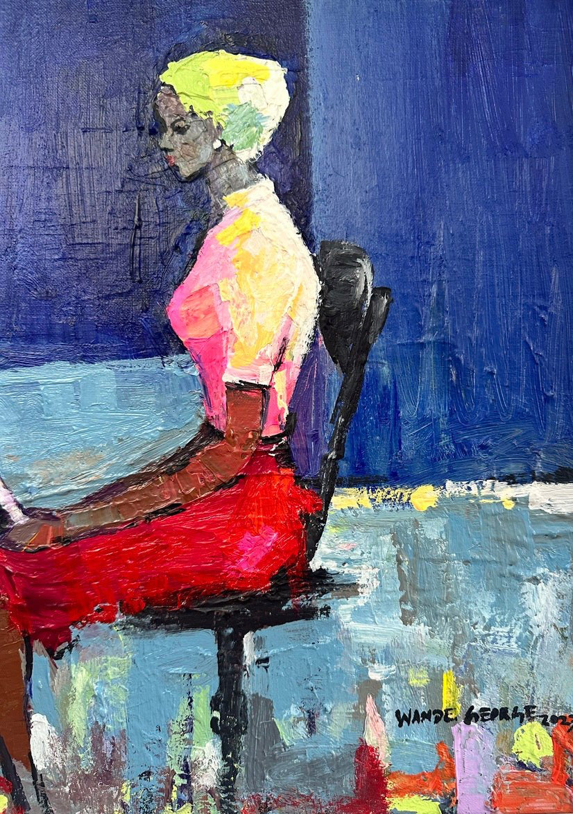 Graceful Pose" by Wande George is an abstract acrylic on canvas depicting a seated woman with light hair in a pink top and red skirt on a black chair, set against a vibrant blue background. Hand-signed by the Nigerian contemporary artist.