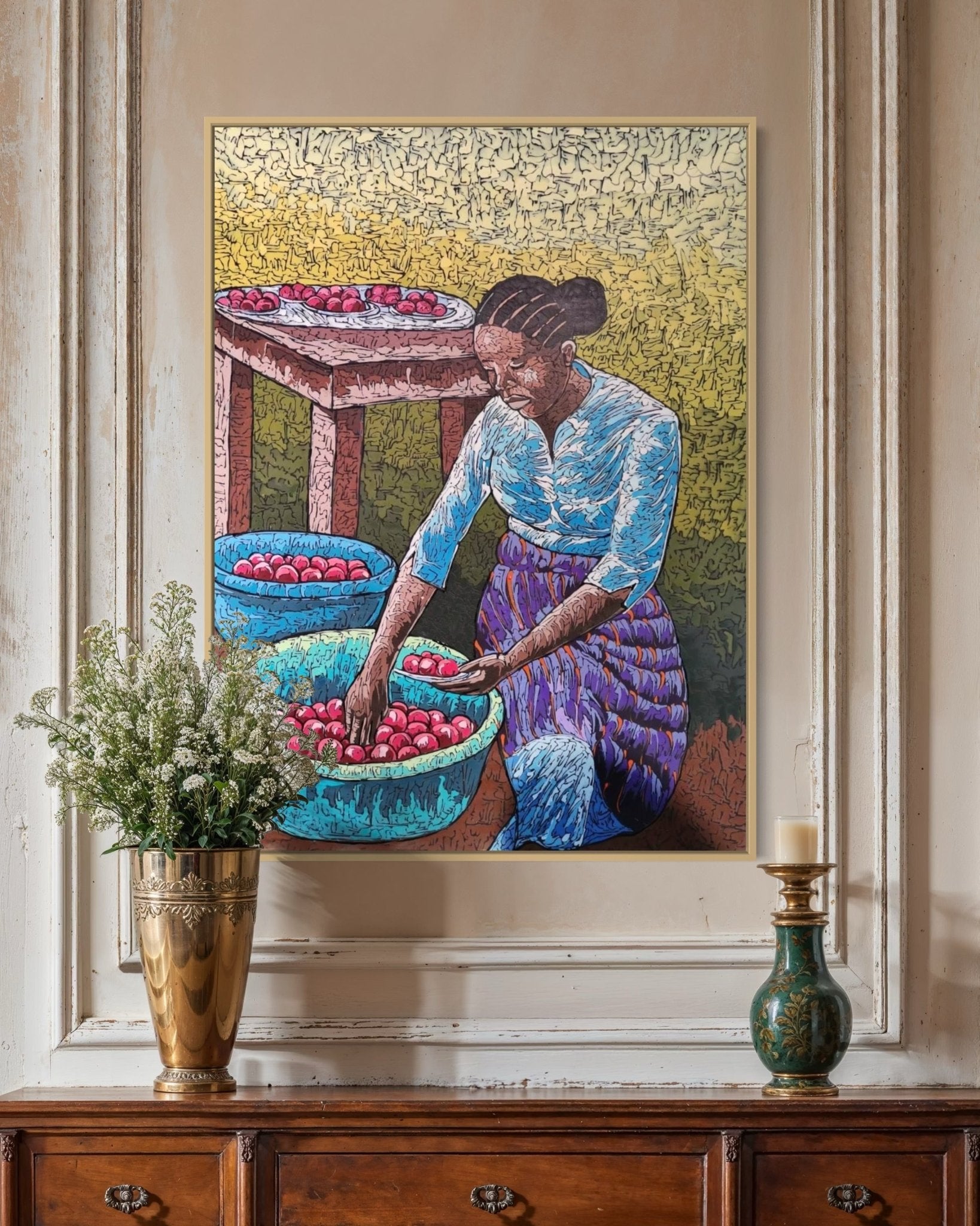 A woman sorts tomatoes in a vibrant scene, capturing the essence of daily market tasks.