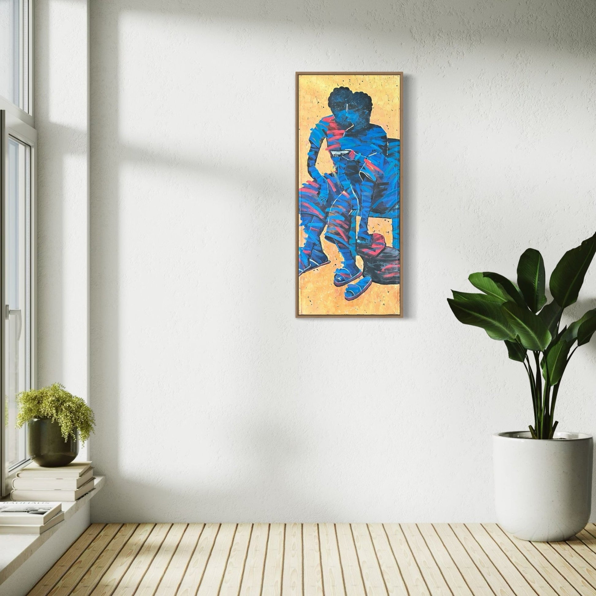 "Intervention" Abstract Painting Of Two Figures In Blue. - Bibianna African Art Collective