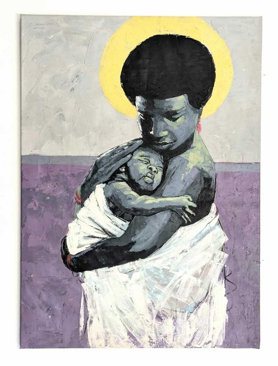 "Intimate" Portrait of the connection between a parent and baby in close embrace. - Bibianna African Art Collective