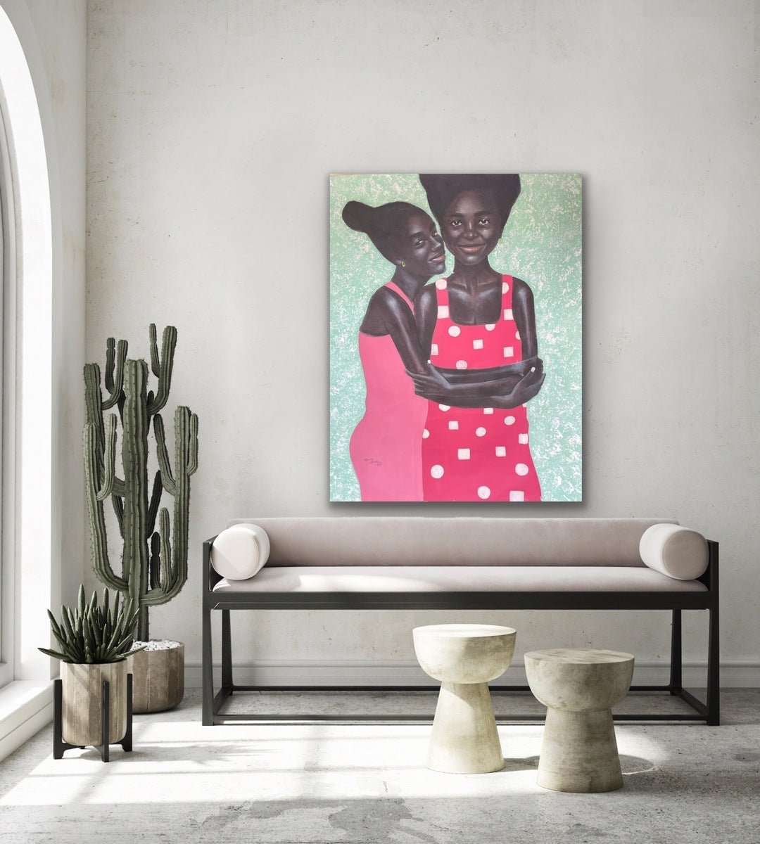 Joyful African Sisterhood Portrait in Vibrant Colors, 'Sisterhood" - Bibianna African Art Collective