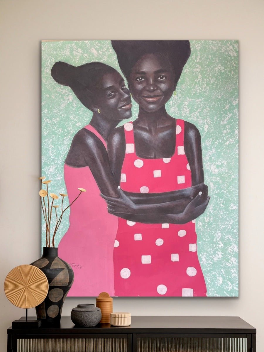 Joyful African Sisterhood Portrait in Vibrant Colors, 'Sisterhood" - Bibianna African Art Collective