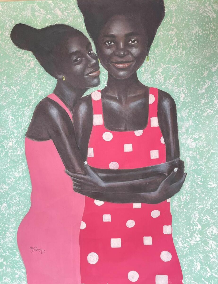 Joyful African Sisterhood Portrait in Vibrant Colors, 'Sisterhood" - Bibianna African Art Collective