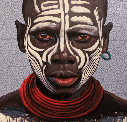 Original portrait painting of  a man with tribal body paint against a blue and white floral background  by ghanian artist Kwesi Koo Nyarkoh from the series Much more than beautification 
