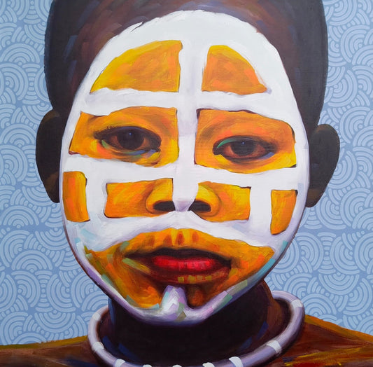 Original portrait painting of  a child  with tribal body paint against a blue and white floral background  by ghanian artist Kwesi Koo Nyarkoh from the series Much more than beautification 