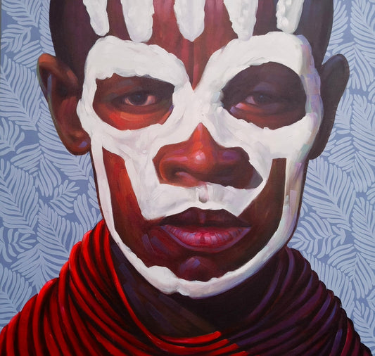 Original portrait painting of  a man with tribal body paint against a blue and white floral background  by ghanian artist Kwesi Koo Nyarkoh from the series Much more than beautification 