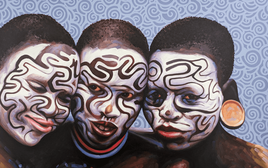 Original portrait painting of  3 children with tribal body paint against a blue and white spiral background  by ghanian artist Kwesi Koo Nyarkoh from the series Much more than beautification 