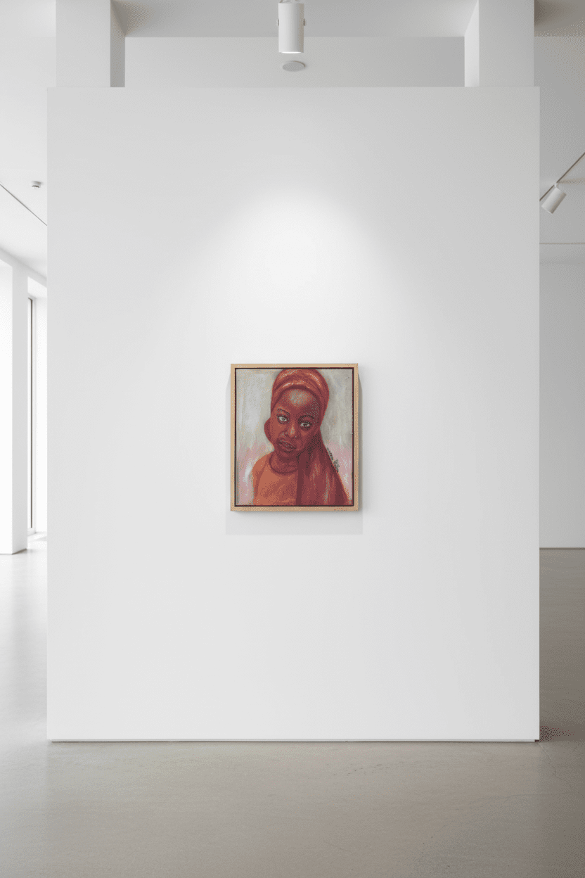 “Little Amina” by Bibianna African Art Collective, a framed expressionist oil portrait of a young girl in a pink headscarf and orange outfit, is displayed on a white wall in a bright, modern art gallery.