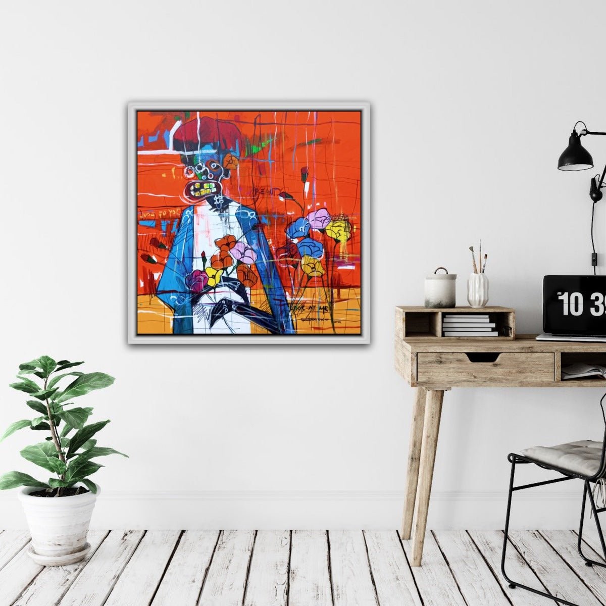 Original painting by Olasunkanmi Oyelusi featuring an expressive figure with floral accents and vibrant orange background.