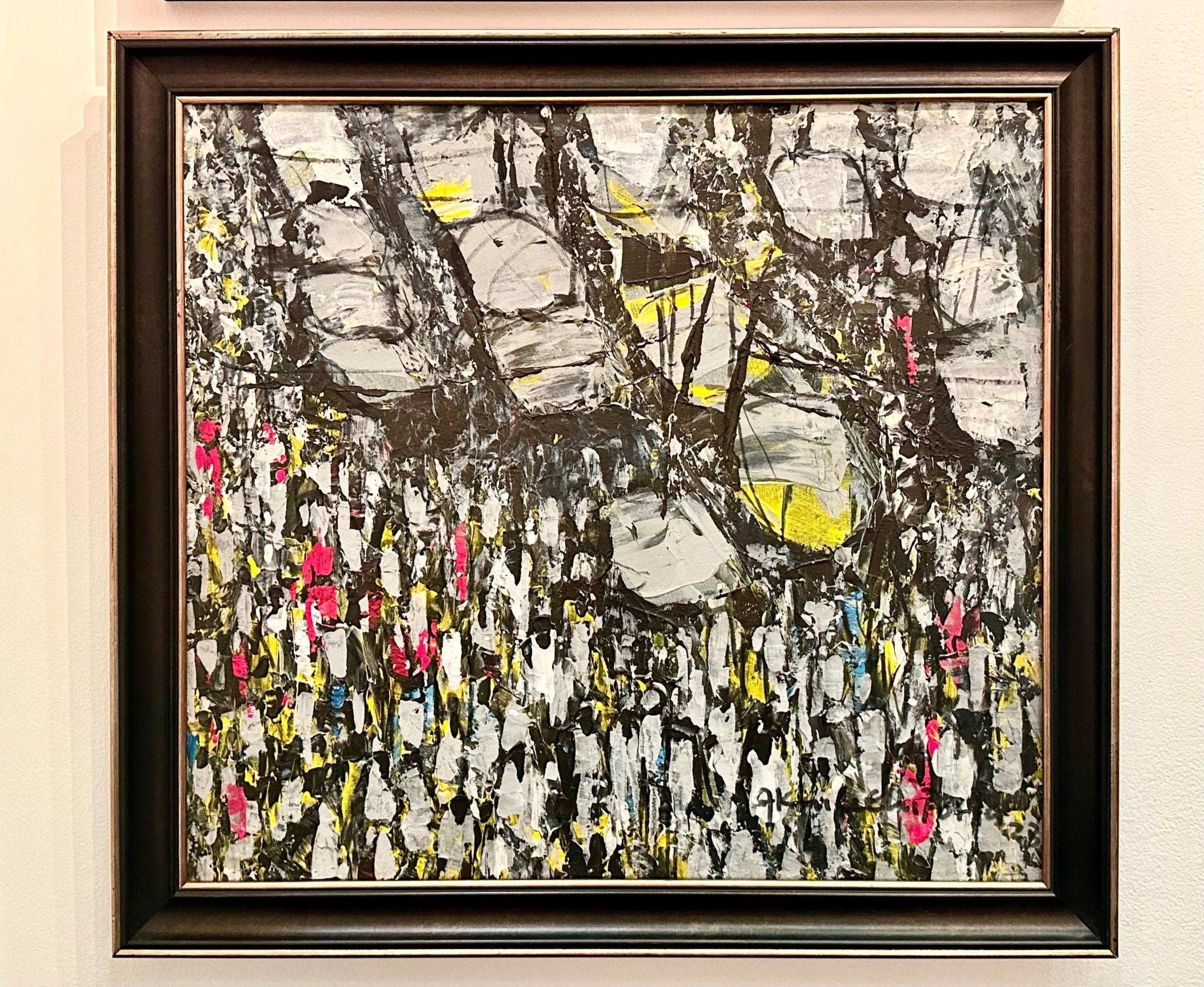 Making Our Way Home" by Akhile Ehiforia is a hand-signed original painting depicting a lively Nigerian street market at rush hour, featuring bold acrylic brushstrokes and vibrant layered composition. Framed and ready to display.