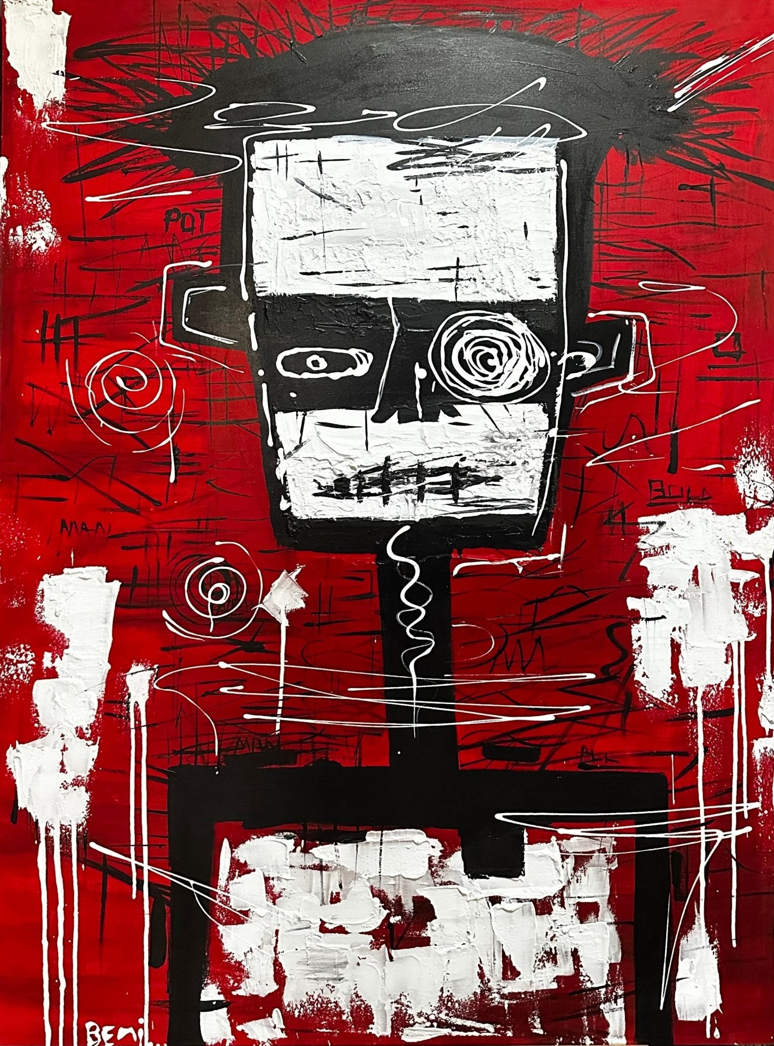Man Is Robot" by Emanuel Bemigho is a 120 x 95 cm black-and-white acrylic painting on canvas, featuring a skeletal figure with hollow eyes and stitched mouth, set against a vivid red, graffiti-inspired background.