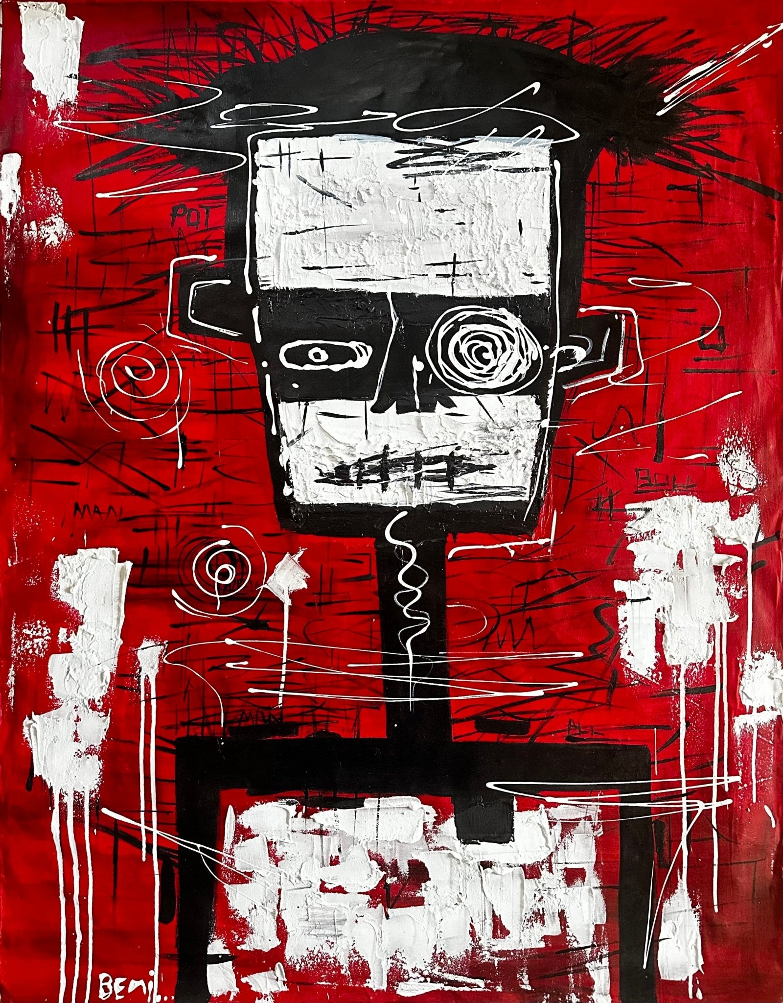 Man Is Robot" by Emanuel Bemigho is an acrylic on canvas (120 x 95 cm) featuring a skeletal humanoid with spiky hair and blank eyes, outlined in white and black on a red background with chaotic scribbles and white markings.