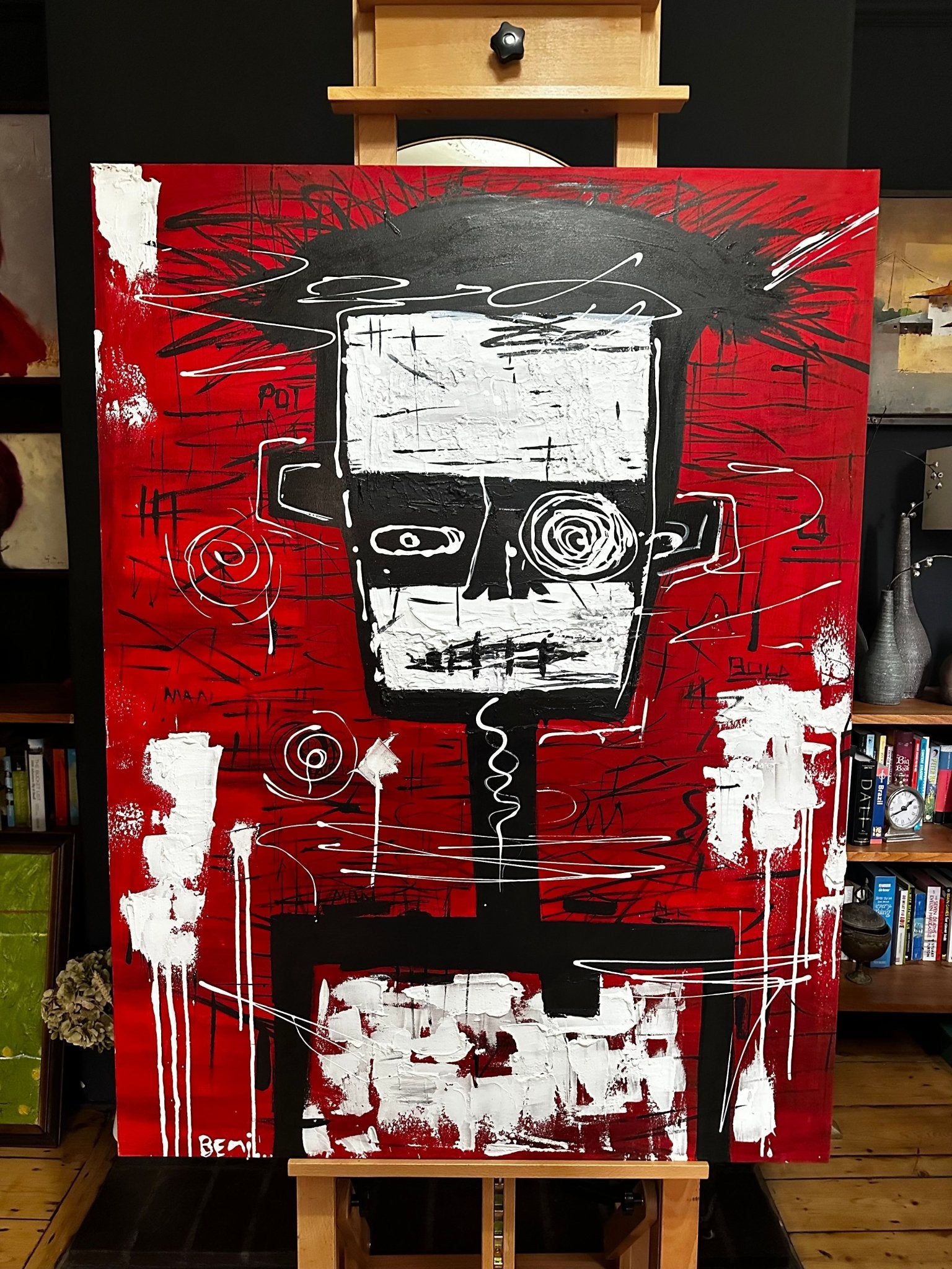 Man Is Robot" by Emanuel Bemigho is a bold acrylic on canvas (120 x 95 cm, stretch frame), depicting a white, blocky skull-like face amid black and red with chaotic lines, capturing an expressive, raw style.
