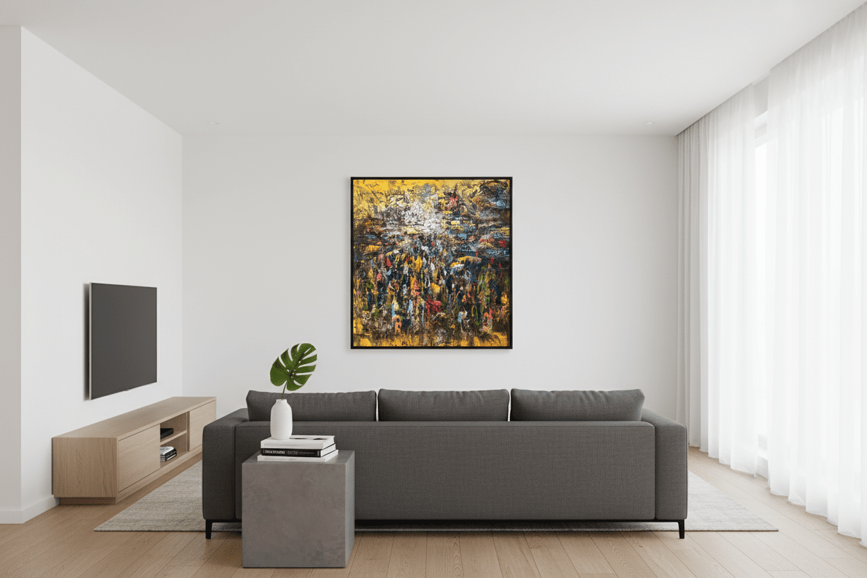 A modern living room with a gray sofa, small table with a green-leafed plant, TV on a low wooden stand, and "Market" by J.O. Aransiola above the sofa. Sunlight pours in through sheer curtains.