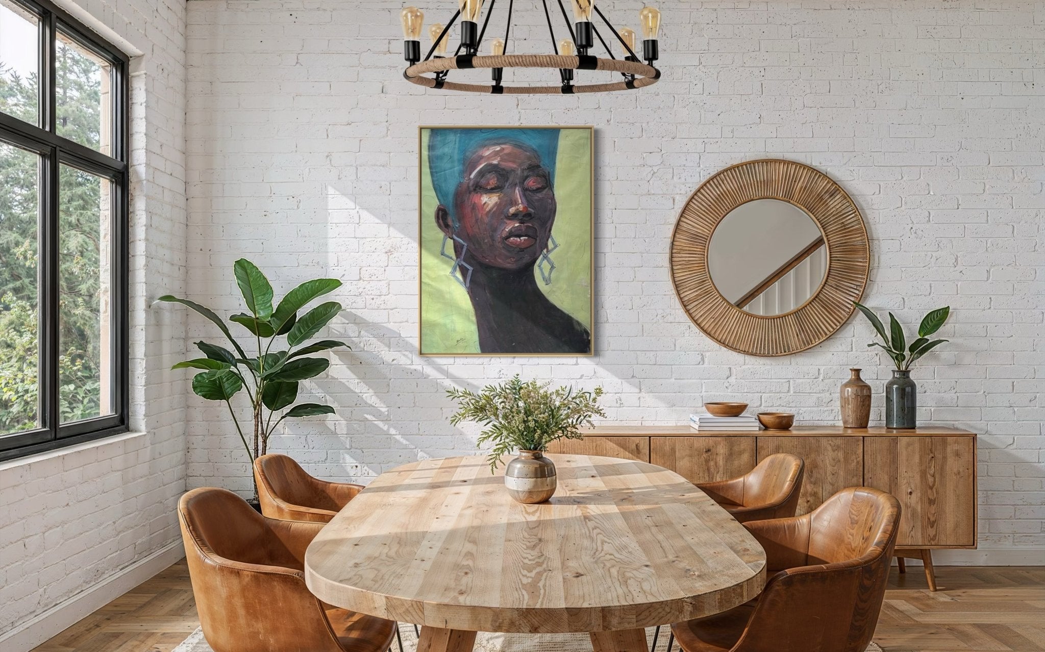 A modern dining room with a round wooden table, tan leather chairs, plants, and a sideboard topped with decor. A unique work—Odofin Ernesto’s "My Choice" Strong Black Female Abstract Portrait—hangs on the white brick wall.