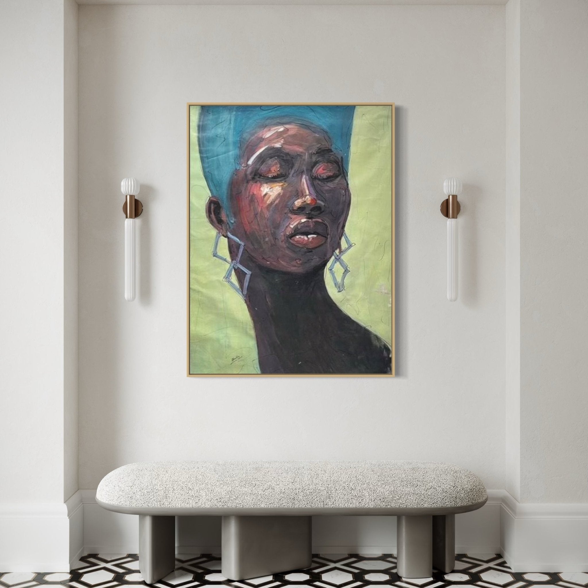 A modern hallway features a textured bench, two wall sconces, geometric floor tiles, and "My Choice" by Odofin Ernesto—a hand-signed acrylic portrait of a strong Black woman with blue hair, geometric earrings, and closed eyes on green.
