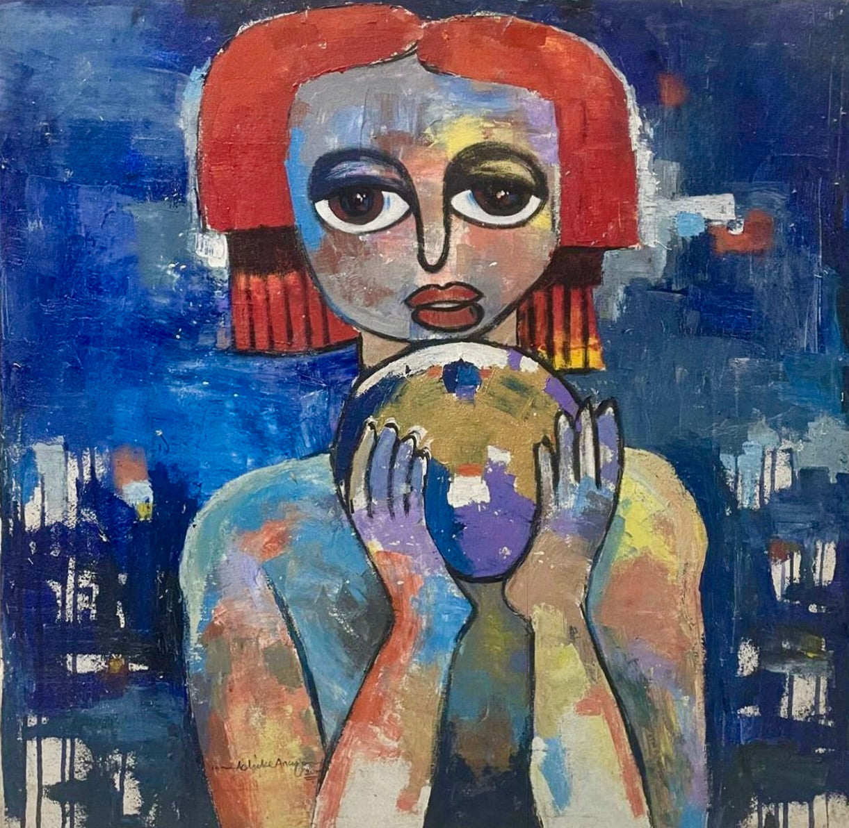 ‘My World, Destiny Is In My Hands’ by Achike Anayo is an abstract painting of a person with large eyes, red hair, and red lips holding a round object, featuring bold blue and white brushstrokes. Includes certificate of authenticity.